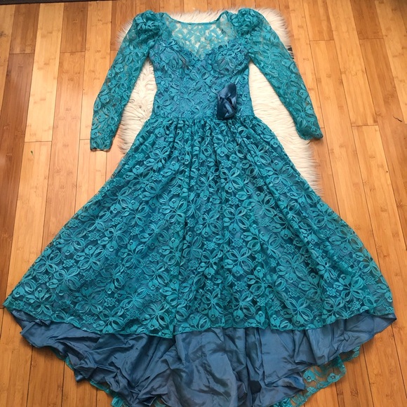 Vintage Lace Sweetheart Neckline Puff Sleeves Bow Hi Low Teal Maxi Dress size S - Picture 1 of 12